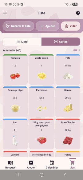 Liste de courses en cartes dans KitchenPlan